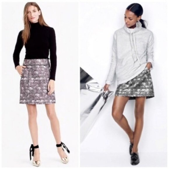 J. CREW Mini Skirt Feather Print Gray Silver Above Knee Short Fall Winter Size 2 - Picture 3 of 7